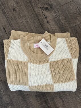 Beige and White Checker Knit Sweater